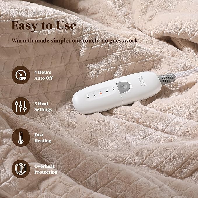 Electric Throw Blanket Heated Throw 50''x60''- Wheat Pattern Flannel & Sherpa Heated Lap Blanket with 5 Heat Settings & 4-Hour Auto Shut-Off, ETL & FCC Certified, Machine Washable Home Use, Beige