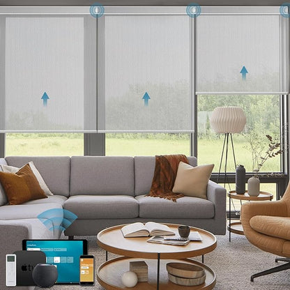 Motorized Shades Compatible with Alexa,Google Asssitant,Homekit Over Thead,3% Openness Solar Roller Blinds for Window,Smart Blinds with Remote,APP/Voice Control,3% Openness Aventus Light Grey