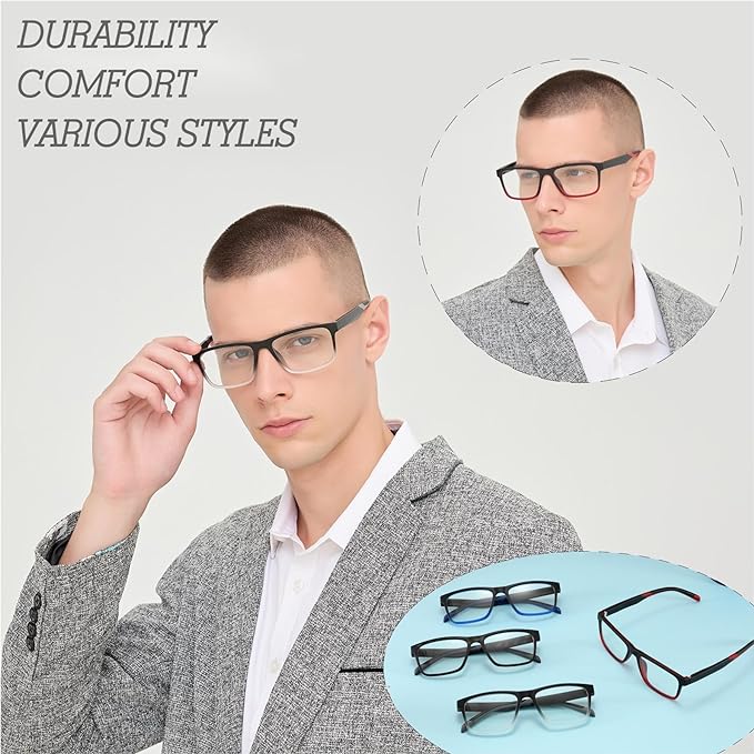 4 Pack Reading Glasses 3.0 Men Readers Computer Blue Light Blocking Fashion Comfortable Eyeglasses with Spring Hinge
