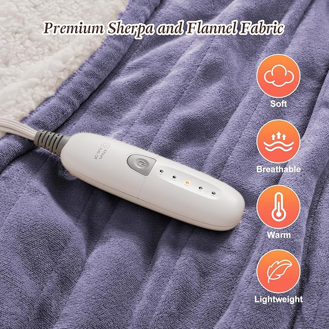 Electric Throw Blanket 50''x60'' Fast Heating Blanket Throw - Ultra Soft Flannel & Sherpa Heated Blanket for Office with 5 Heat Setting & 4-Hour Auto-Off, Great Gifts for Grandma (Lavender Purple)