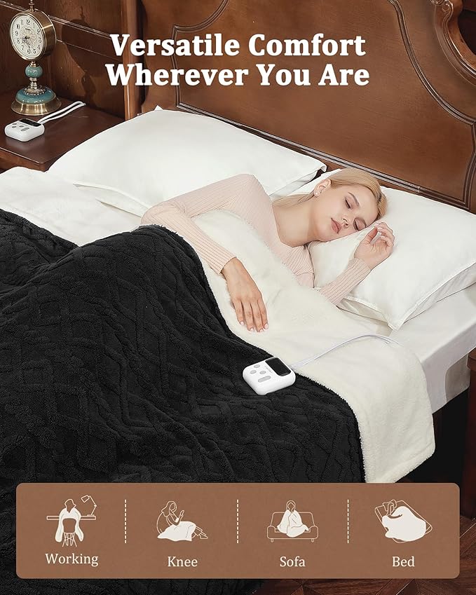 CAROMIO Electric Blanket Queen Size Dual Control - Thick Tufted Sherpa Heated Blanket Queen with 10 Heating Levels and 10 Time Settings, ETL Certified Fast Heating Blanket Queen Size 84"×90", Black