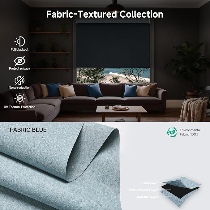 Motorized Blinds with Remote, Custom Automatic Electric Blackout Smart Blinds for Windows, Motorized Window Roller Shades Compatible with Alexa Google for Home Office, Fabric Blue