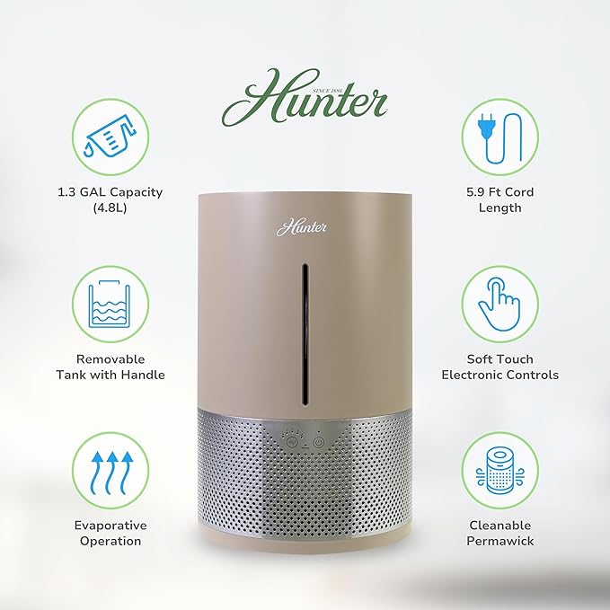 HHE150 Hunter Aspire 4.8L Evaporative Humidifier with PermaWick Filter (4.8L) - Remove Contaminants & White Dust for Clean Mist & Air – Medium Humidifier for Home, Bedroom, or Dorm - Taupe
