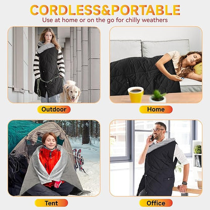 Heated Blanket Outdoors, Battery Operated Heated Throw with 10000mAh Power Bank, 2-in-1 Blanket & Shawl for Camping, Hiking, Stadium Events & Travel, Cordless USB Heated Blanket-Black