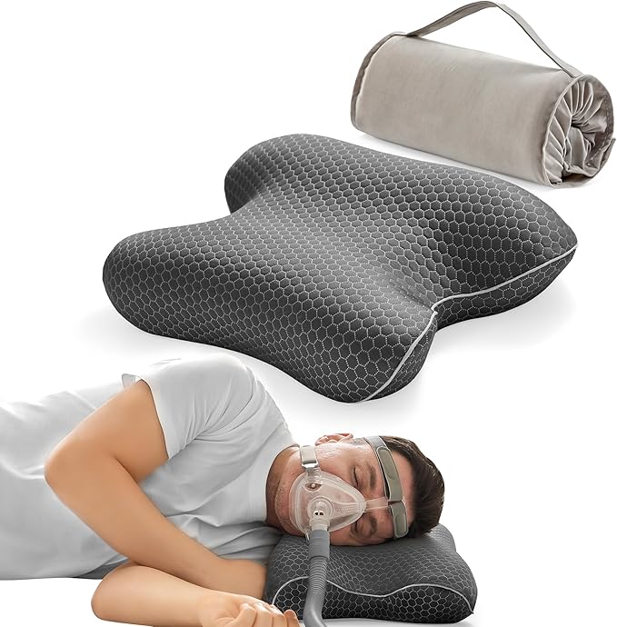 Travel Memory Foam CPAP Bed Pillow for Side & Back Sleepers, Portable Sleep Apnea Pillow with Storage Bag for All CPAP Masks Users, Washable Neck Support Pillow for Hotels Camping