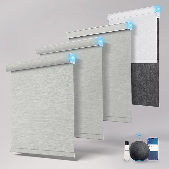 BERISSA Motorized Blinds with Remote,Blackout Smart Roller Shades with App,Voice Control,Jacquard Fabric,Thermal Insulated Automatic Blinds,Electric Shades with USB/Solar Pannel.Jacquard Grey