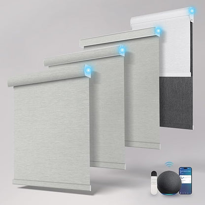Motorized Blinds with Remote,Blackout Smart Roller Shades with App,Voice Control,Jacquard Fabric,Thermal Insulated Automatic Blinds,Electric Shades with USB/Solar Pannel.Jacquard Grey