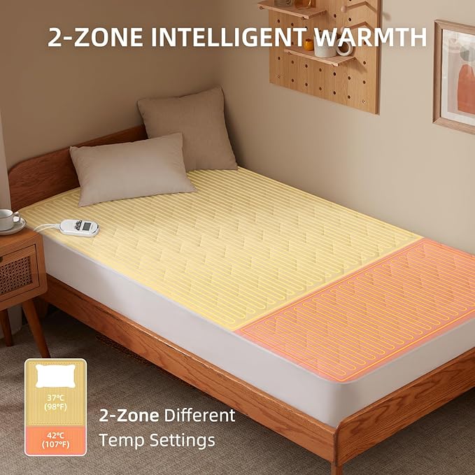 Bwarm Premium Multi-Zone Heated Mattress Pad Full Size, 54" x 75", 9 Heat Settings, 1-12 Hours Auto Off, Individual Body and Feet Settings, Removable Comfort Layer, Machine Washable