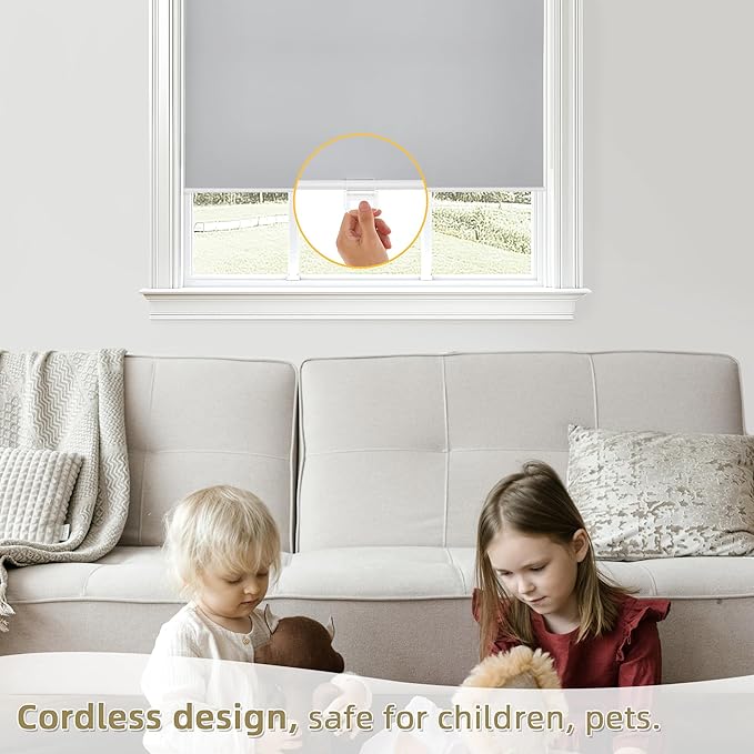 ChrisDowa Cordless Blackout Roller Shades for Windows, Thermal Insulated UV Protection Pull Down Shades, Total Blackout Window Blinds for Home, Office, Bedroom, Door (27" W x 72" H, Grey)