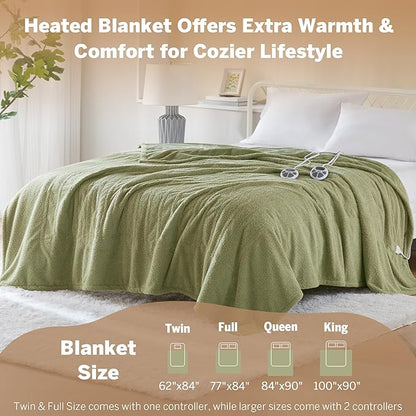 Serta Heated Blanket, Electric Queen Size Blanket, Soft, Warm, Fuzzy Heating Blanket Queen for Office, Couch, 1-12 hr Auto Shut Off Timer, 10 Lv Heat Setting, ETL Certified, Queen 84" x 90" Sage