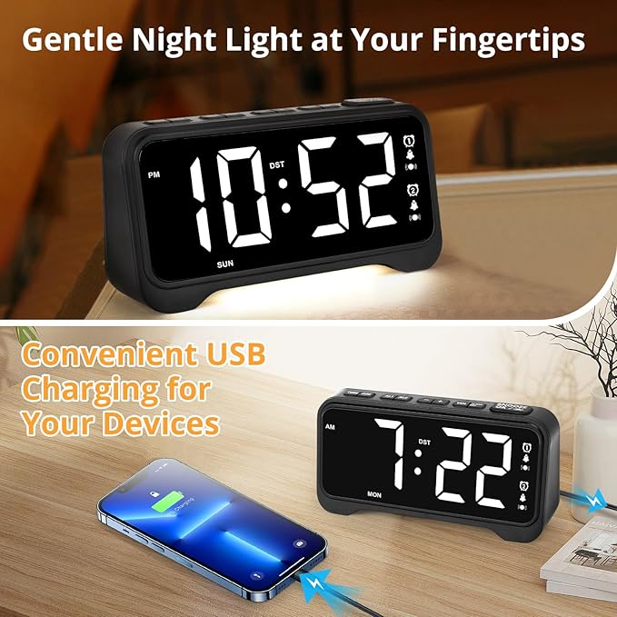 Loud Alarm Clock for Heavy Sleepers Adults, Vibrating Alarm Clock for Teens/Deaf, 7.5" Bright Clear Digital Screen, Adjustable Brightness with Night Light, 3 Levels Bed Shaker Under Pillow, Dual Alarm