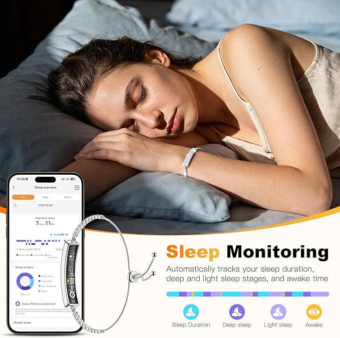 Smart Bracelet for Women, Health Activity Fitness Trackers, 24/7 Heart Rate, HRV, Blood Oxygen & Stress Monitor, 24H Sleep Tracker, Free APP for iOS & Android, Silver
