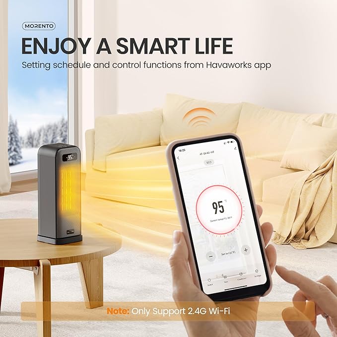 MORENTO Space Heaters for Indoor Use, Smart Space Heater, Wi-Fi & Voice Control, Portable Heater with Thermostat, 1500W Electric Heater, 12H Timer, Quiet Space Heater for Office Bedroom Home (Black)