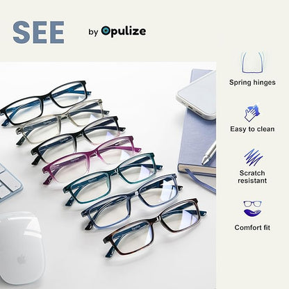 OPULIZE SEE Reading Glasses with Blue Light Blocking for Women and Men, Narrow Frame, Spring Hinges, Computer Gaming Glasses, Black,Blue,Grey +3.5 (Pack of 3)