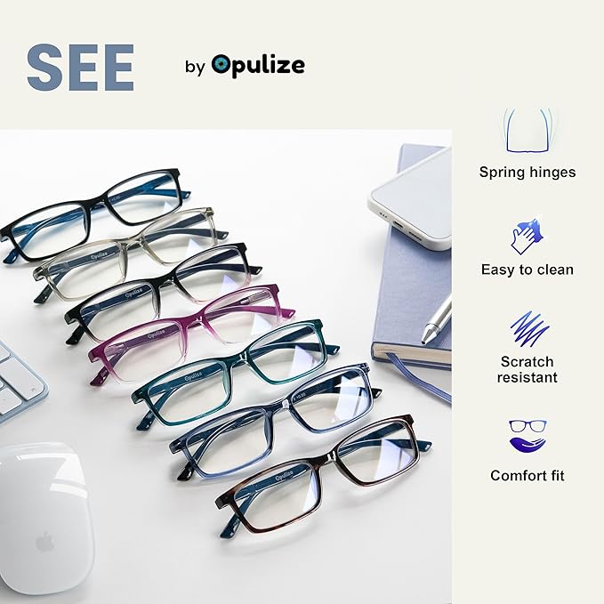 OPULIZE SEE Reading Glasses with Blue Light Blocking for Women and Men, Narrow Frame, Spring Hinges, Computer Gaming Glasses, Brown Blue Arm +3.5 (Pack of 1)