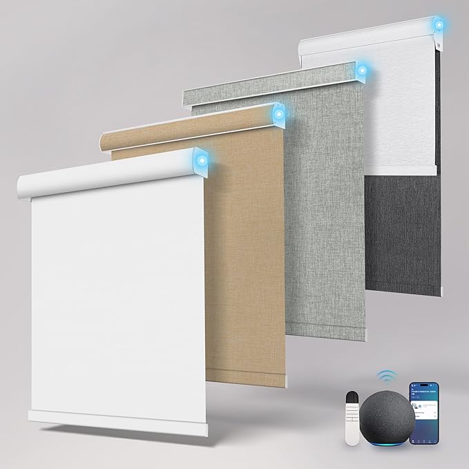 BERISSA Motorized Blinds with Remote,Blackout Smart Roller Shades with App,Voice Control,Thermal Insulated Automatic Blinds,Electric Shades with USB/Solar Pannel.Custom Color