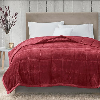 Madison Park King Cozy Blanket HeiQ Smart Temperature Plush to Microfiber Reverse Box Quilting, Reversible, Soft All Season, Lightweight Summer Cover, for Bed, Couch and Sofa, King, Burgundy