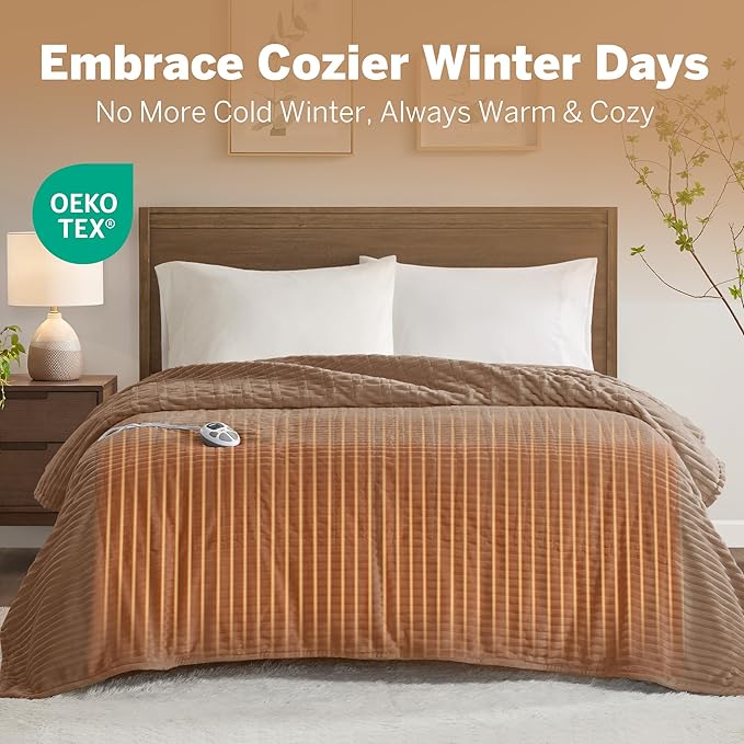 Serta Electric Blanket, Soft, Ribbed, Plush Heating Blanket Twin for Office, Couch, 1-12 hr Auto Shut Off Timer, 10 Lv Heating, ETL Certified, Twin 62"x84" Chestnut Brown