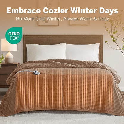 Serta Electric Blanket, Soft, Ribbed, Plush Heating Blanket Twin for Office, Couch, 1-12 hr Auto Shut Off Timer, 10 Lv Heating, ETL Certified, Twin 62"x84" Chestnut Brown
