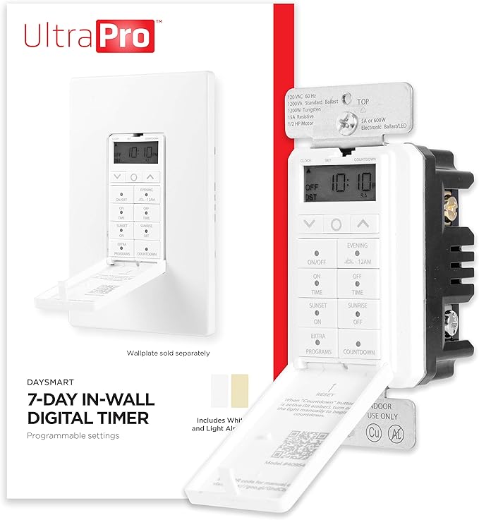 UltraPro Daysmart 7-Day Digital In-Wall Timer, Presets/Countdown, Programmable Settings, Override, Sunrise/Sunset, Light Timer Switch for Indoor Lighting, Porch, Seasonal, LED, 40954