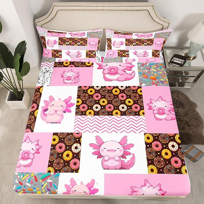 Pink Axolotl Fitted Sheet Twin Size,Sweet Donut Summer Candy Pattern Bedding All-Round Elastic Pocket,Cute Undersea Animal Pink Patchwork Bed Sheet 2 Pieces Fits Mattress(No Flat Sheet)