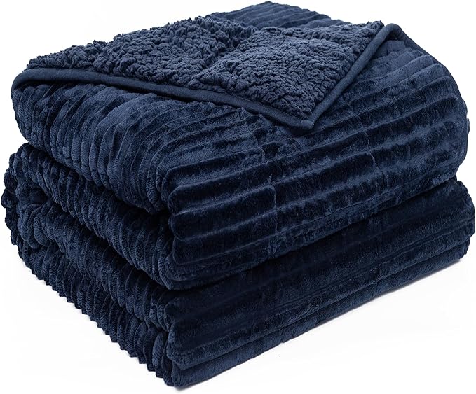 Sherpa Fleece Weighted Blanket with Ribbed Stripes for Adults, 15 lbs Dual Sided Cozy Warm Blanket for Couch Full Size Bed, Ceramic Beads Heavy Thick Blankets Great for Sleep, Navy Blue, 60" x 80"