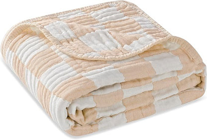 Ultra Soft Muslin Baby Blanket - Made with Organic Cotton, Neutral Earth Tone Checkered Swaddle & Crib Quilt, 43x43 (Beige)