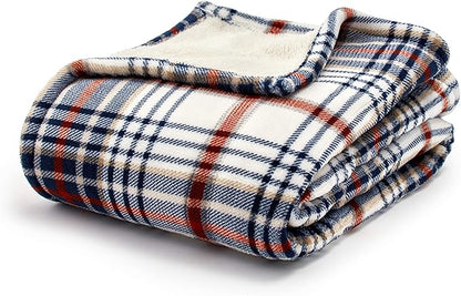 Eddie Bauer | Smart Heated Electric Throw Blanket - Reversible Sherpa - Plaid Blue