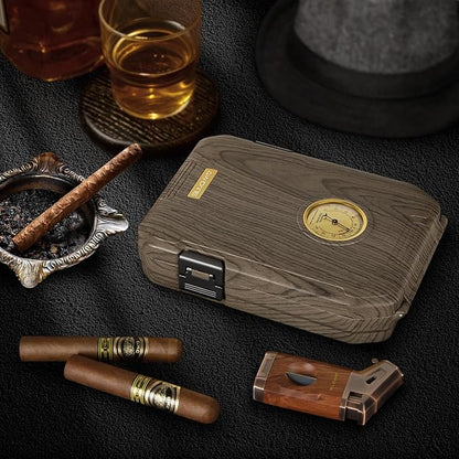 Travel Cigar Humidor Case - Cedar Lined, V Cut Cutter, Portable Humidor with Humidifier & Hygrometer, Holds 7-9 Cigars, Includes Lighter - Gift Set