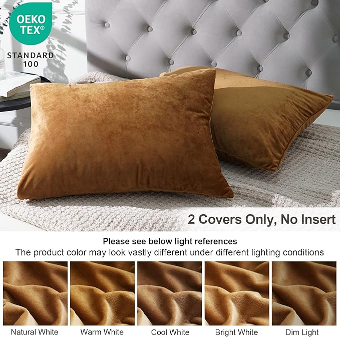 PHF Super Soft Velvet Pillowcases Standard Size, No Insert, 2 Pack Luxury Cozy Warm Pillow Shams Covers with Envelope Closure, 20" X 26" Cozy Fuzzy Flannel Pillow Case, Brownish Camel