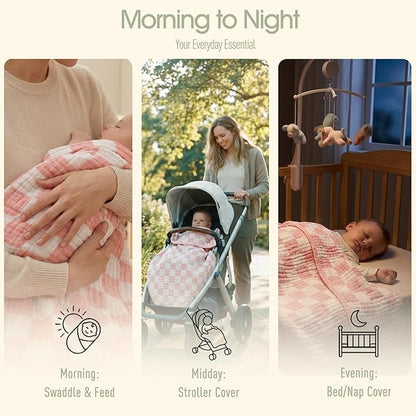 Ultra-Soft Muslin Baby Blanket - Swaddle & Crib for Girls, Pink Checkered (1-Pack)