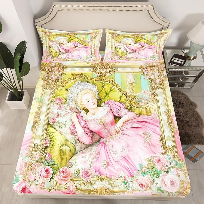Princess Kids Twin Size Fitted Sheet,Roses Floral Castle Fantasy Boys Girls Bed Sheets,Vintage Romantic Fashion Room Decor,Pink Yellow Bedding Set,1 Pillowcase(No Flat)