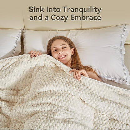 Weighted Blanket Queen Size for Adults,15lbs Jacquard Sherpa Heavy Blanket for Calming and Relax, Dual Sided Ultra Soft Fuzzy Throw Blanket with Glass Beads, 48" x 72", Cream White