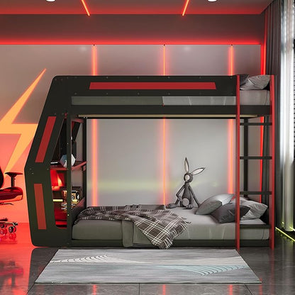 Wooden Bunk Bed with Desk & Charging Station & RGB Light Strip,Full Size Gaming Bunk Bed Frame with Storage Shelves,Safety Guardrails & Ladder for Kids Teens Adults Bedroom,Under-Bed Space,Red