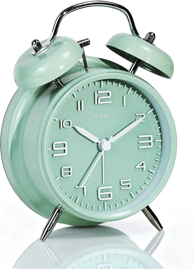 AYRELY® Super Loud Twin Bell Alarm Clock for Heavy Sleepers Adults, 4-Inch Retro Silent Non-Ticking with Night-Light, 3D Raised Number Dial, Battery Operated for Bedroom Bedside (3D Dial – Green)