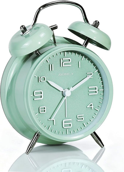 AYRELY® Super Loud Twin Bell Alarm Clock for Heavy Sleepers Adults, 4-Inch Retro Silent Non-Ticking with Night-Light, 3D Raised Number Dial, Battery Operated for Bedroom Bedside (3D Dial – Green)