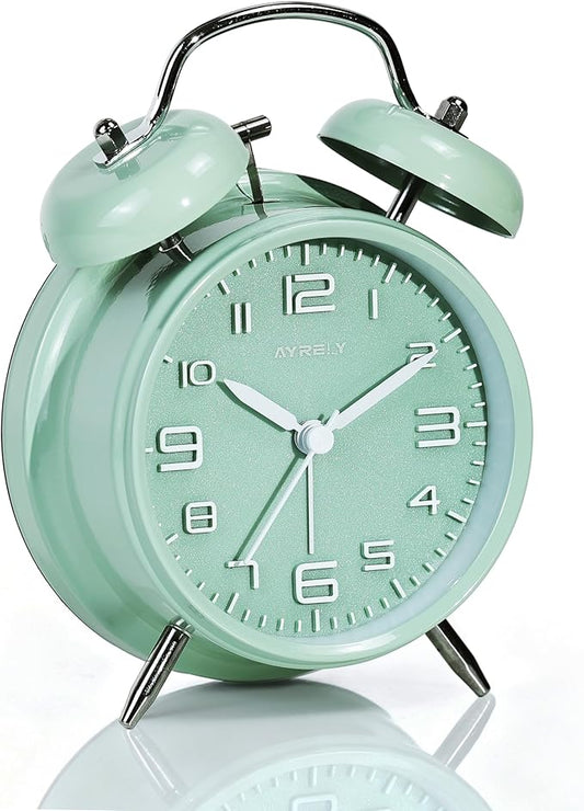 AYRELY® Super Loud Twin Bell Alarm Clock for Heavy Sleepers Adults, 4-Inch Retro Silent Non-Ticking with Night-Light, 3D Raised Number Dial, Battery Operated for Bedroom Bedside (3D Dial – Green)