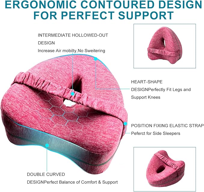 Knee Pillow for Side Sleepers, Memory Foam Leg Pillow for Side Sleeping, Cooling Knee Pillow with Strap for Hip Pain, Back Pain, Sciatica Pain Relief, Spine Alignment (Pink)