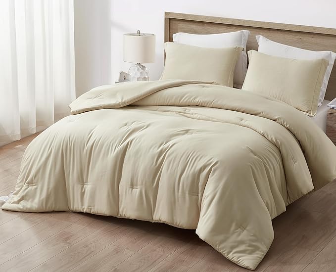 Chezmoi Collection Cliff 3-Piece Lightweight Cooling Comforter Set, King - Rayon Derived from Bamboo & Polyester Blended, Soft Breathable Bedding for Hot Sleepers, Sand