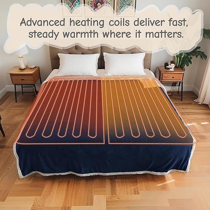 Electric Heated Blanket Queen Size 84"x90", Soft Flannel with Dual Controllers & Overheat Protection, 9 Adjustable Heat Settings & 10-Hour Auto-Off Timer, Fast Heating for Winter Comfort, Navy Blue