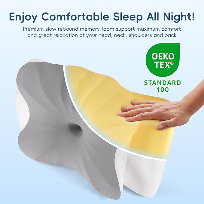 Cervical Pillow for Neck and Shoulder Support, Ergonomic Contour Pillow for Pain Relief, 2 Heights Cooling Memory Foam Orthopedic Pillow for Side Back Stomach Sleepers Grey White