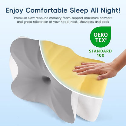 Cervical Pillow for Neck and Shoulder Support, Ergonomic Contour Pillow for Pain Relief, 2 Heights Cooling Memory Foam Orthopedic Pillow for Side Back Stomach Sleepers Grey White