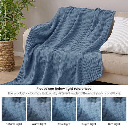 PHF Cooling Muslin Throw Blanket for Hot Sleepers, 60% Viscose from Bamboo, 40% Cotton and 4-Layer Breathable Gauze Blanket for Bed Couch, 50"x60", Prussian Blue