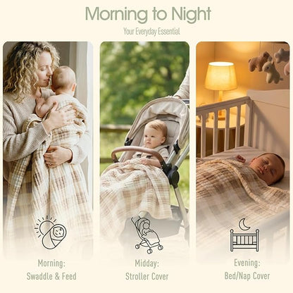 Ultra Soft Muslin Baby Blanket Made with Organic Cotton - Neutral Earth Tone Checkered Swaddle & Nursery Quilt, 43x43 (Beige-Coffee Checkered)