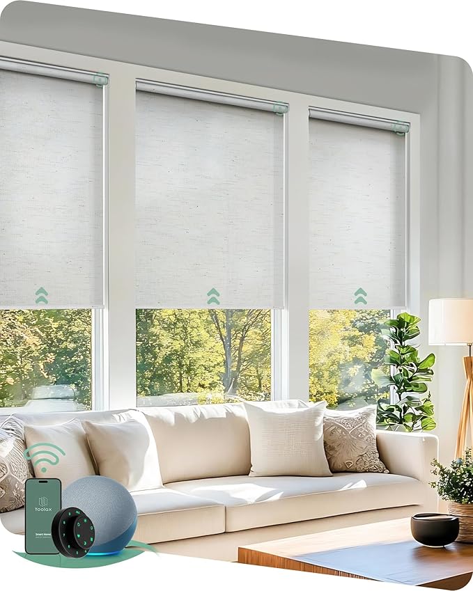 Yoolax Motorized Solar Shades, Flame Resistat Smart Blinds for Windows Motorized Roller Shades, Motorized Blinds Compatible with Alexa Custom Size (Solar-5% Openness Starry White)
