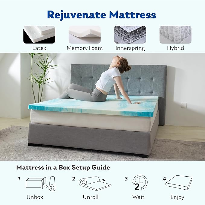 MLILY 4 Inch Full Memory Foam Mattress Topper with Gel Infusion, Cooling Pad in a Box, CertiPUR-US Certified, 54”x75”, Blue