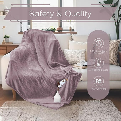 LUXIAN Electric Heated Blanket Full Size 72"x84" - 100% Polyester Fabric Dual-Sided, 6 Heat Settings & 1-10 Hours Auto Off, Cozy Warming Throw for Home, Office, or Bed, Machine Washable, Lavender