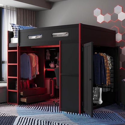 GOWE Full Size Wood Loft Bed with Desk,Wardrobe,Ample Storage Space,and RGB Light, Red(Old SKU:LT000261AAR)