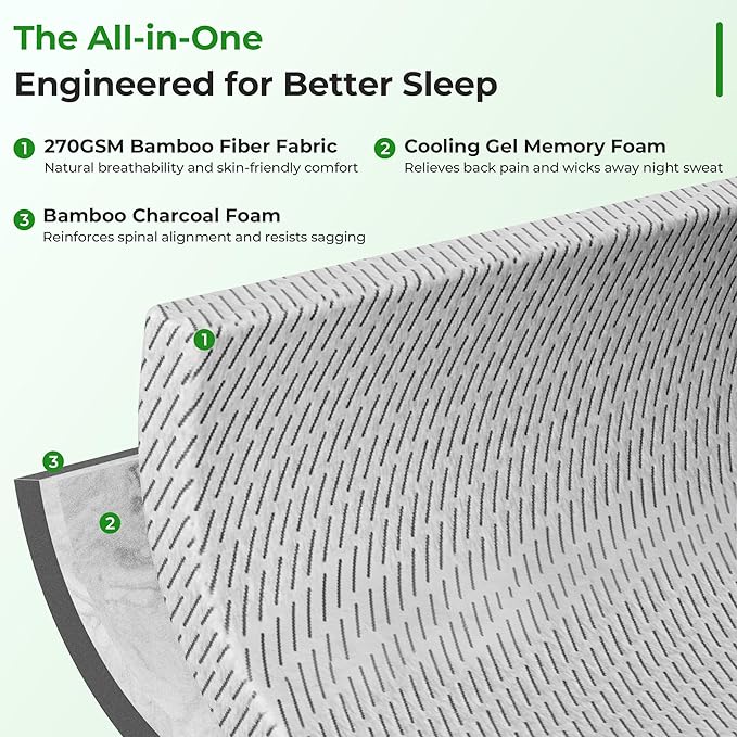 Bamboo Mattress Topper Queen Size 4 Inch, Cooling Gel & Bamboo Charcoal Memory Foam Mattress Topper for Back Pain Relief, Firm Dual-Layer Foam Bed Pad with Removable Cover