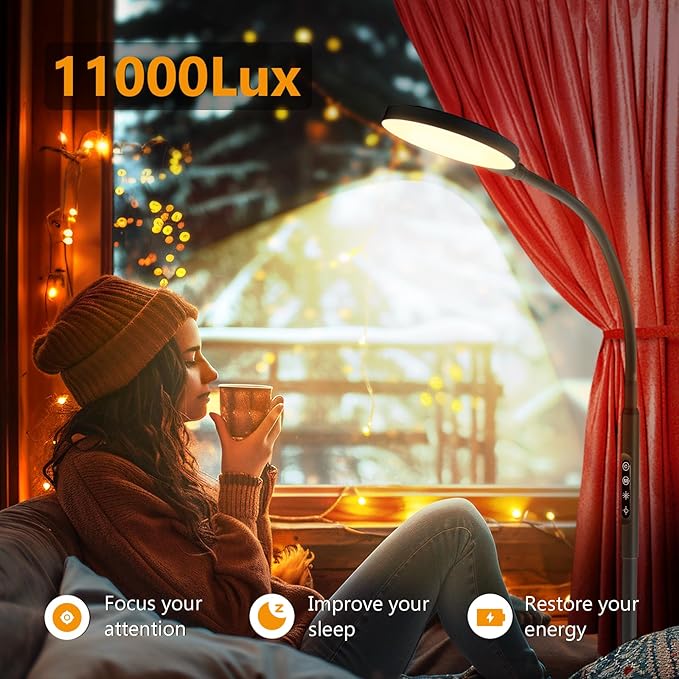 Daylight Floor & Desk Lamp – 11,000 Lux UV-Free Full Spectrum Light, 5 Color Temperatures & 10 Brightness Levels, 360° Gooseneck Lamp for Home Office, Bedroom & Reading (Black)